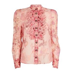 Zimmermann Pink Floral Ruffle Front Button-Down Blouse